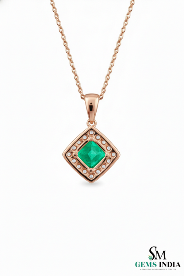 Natural Green Princess Emerald Drop Pendant with Diamond Accents