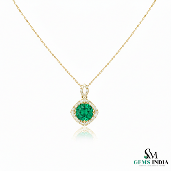 Round Emerald and Diamond Halo Pendant in 18K Gold May Birthstone Jewelry