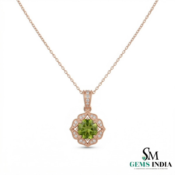Antique Inspired Peridot Floral Pendant with Diamonds - Elegant Statement Jewelry
