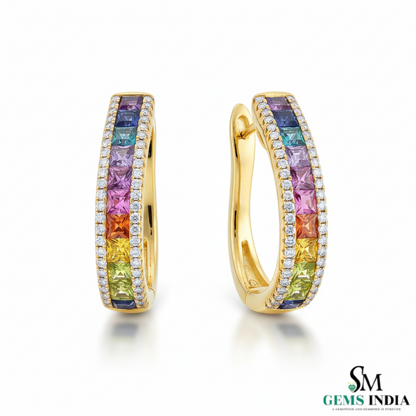 Princess cut Rainbow Sapphire Hoop Earrings in 18K Gold Channel-Set Hoop Earrings