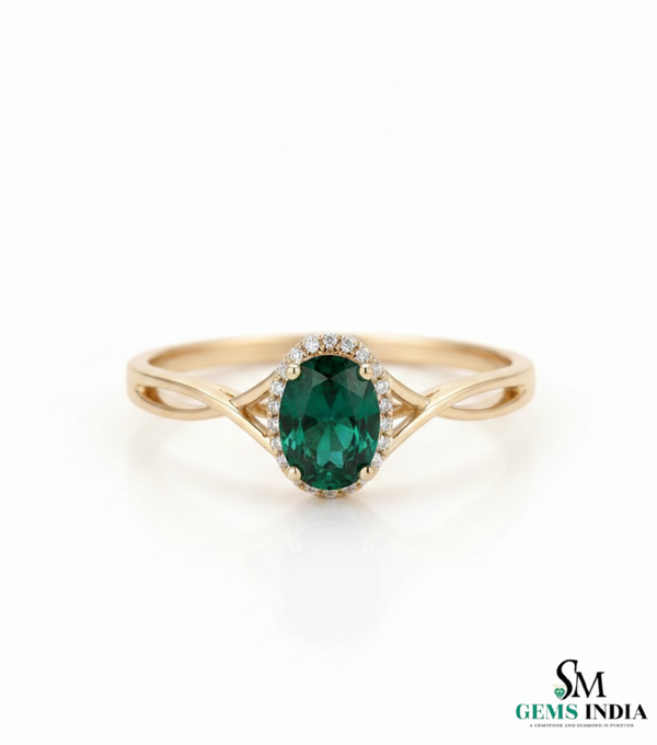 Oval Cut Emerald Ring with Diamond Halo & Split Shank Band