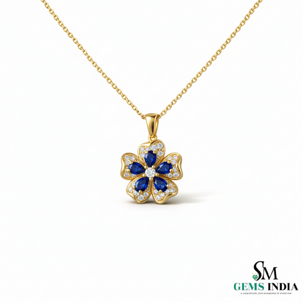 Floral Oval Blue Sapphire Diamond Flower Pendant - Engagement Gift For her