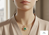 Round Natural Emerald Blossom Pendant Necklace in Gold Elegant Floral Design Jewelry Gift