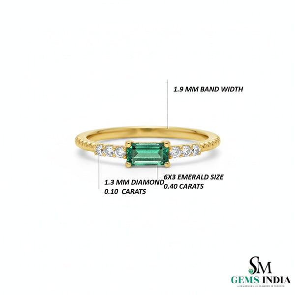 Mini Style Natural Emerald Baguette And Diamond Gift Ring - 14K Solid Gold Women Real Emerald Ring