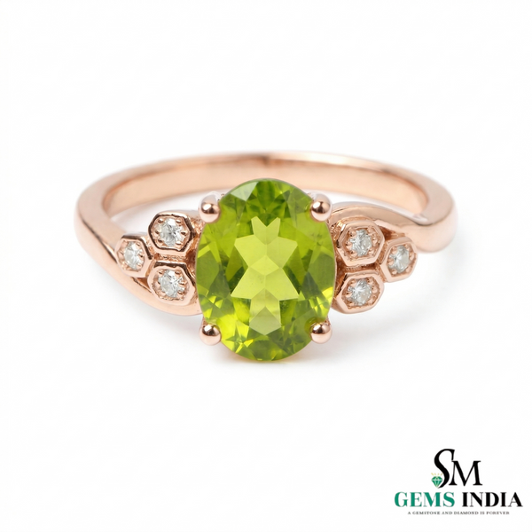 Elegant Oval Green Peridot Ring with Diamond Side Cluster