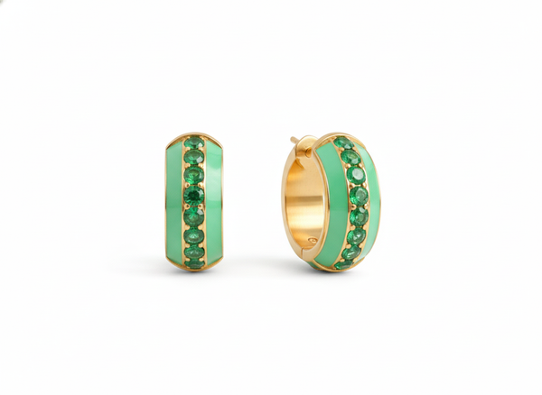 Green Enamel Huggie Hoop Earrings with Sparkling Green Stones Round Green Gemstones
