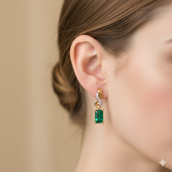Emerald cut Natural Emerald and Diamond Twist Drop Earrings in 14K Gold Wedding Gift for her