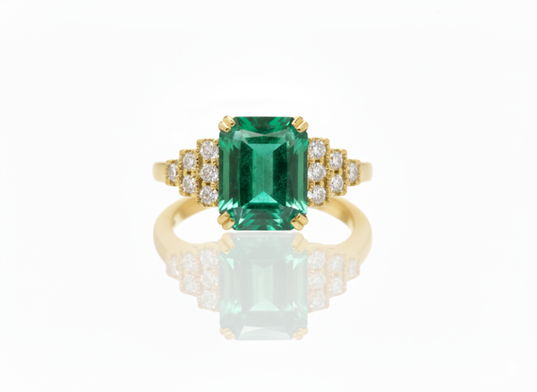 Emerald Cut Natural Emerald & Diamond Statement Ring in 14K Gold Minimalist Fine Jewelry