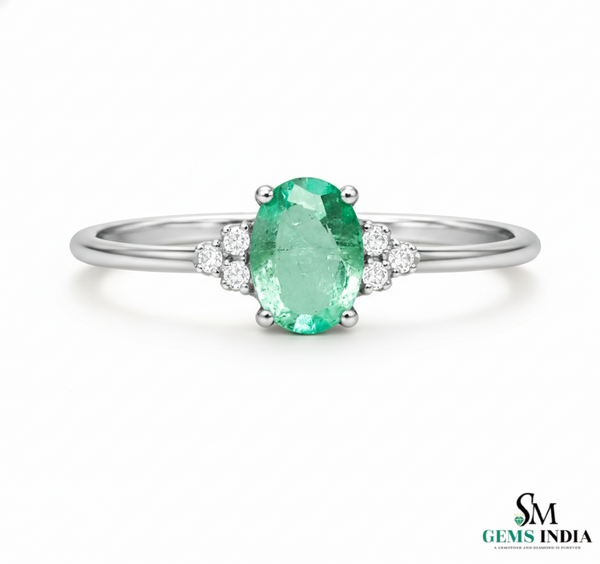 Natural Oval Emerald Engagement Ring with Diamond Accents – 14K Gold