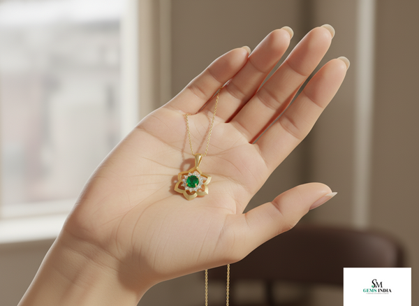 Round Natural Emerald Blossom Pendant Necklace in Gold Elegant Floral Design Jewelry Gift