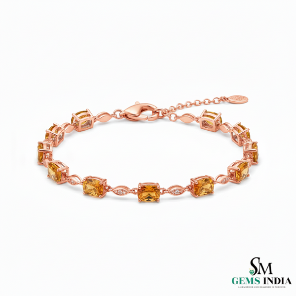 Luxury Cushion Citrine and Diamond Chain Bracelet - Gold Bracelet for Women