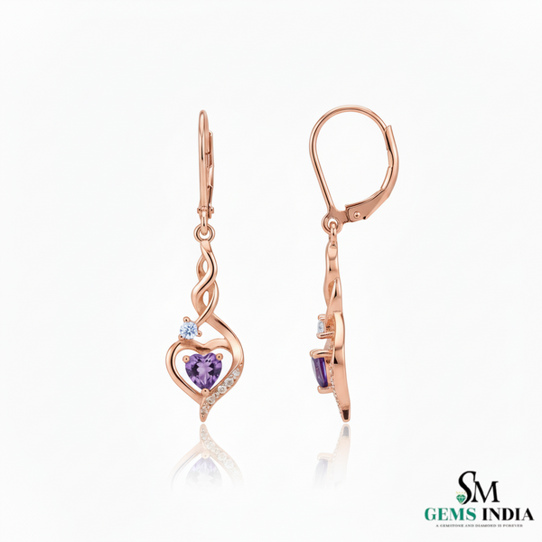 Elegant Heart-Shaped Amethyst Drop Earrings With Diamond