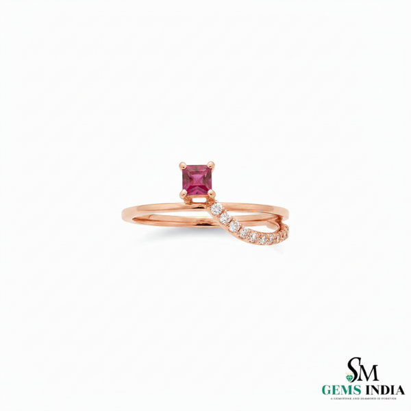 Princess Cut Natural Ruby Ring with Diamond Twist Band in 14k Gold