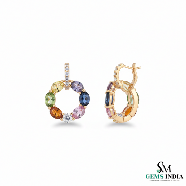 Rainbow Gemstone Hoop Earrings in Gold – Multicolor Oval Stone Drops