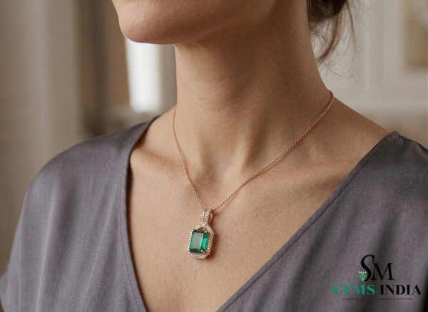 8.10 carat Stunning Natural Emerald Pendant Emerald Cut Green Gem with Diamond Halo Glow