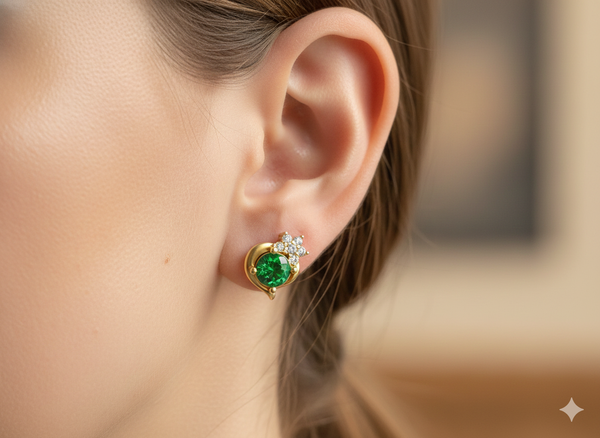 Classic Round Natural Emerald & Diamond Floral Stud Earrings in 18K Gold