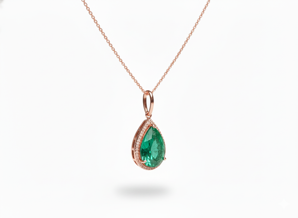 5.90 carat Teardrop natural Emerald Pendant with Diamond Halo Fine Gold Jewelry