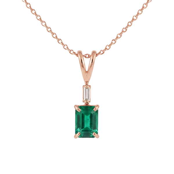 Elegant 1.03 carat Emerald cut Natural Emerald and Baguette Diamond Drop Pendant