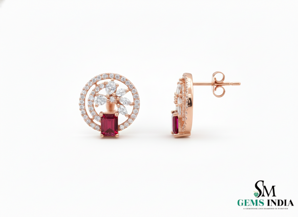 Emerald Cut Ruby & Moissanite Halo Stud Earrings in 14k Gold Gift for Her