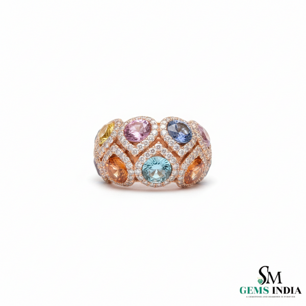 Designer Round Multi-Gemstone Diamond Ring Bold Luxury Style Multi - sapphire Ring