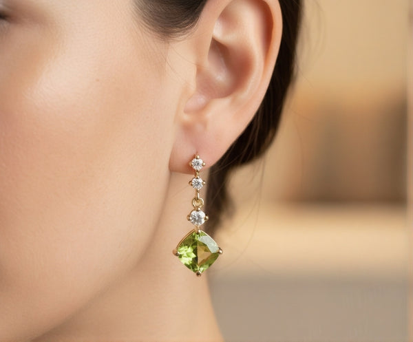 Cushion Cut Natural Peridot Diamond Dangle Earrings