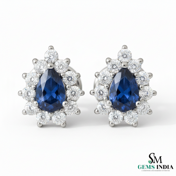 Royal Pear Blue Sapphire & Diamond Stud Earrings - Bridal Sapphire Earrings
