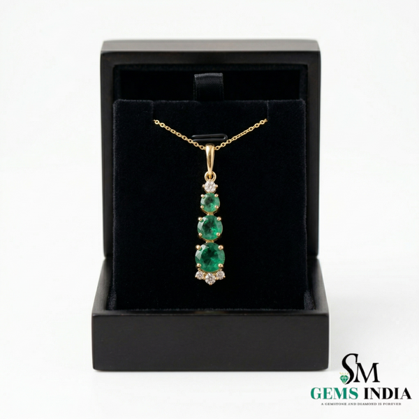 Fine Jewelry Three Stone Emerald ; Diamond Drop Pendant