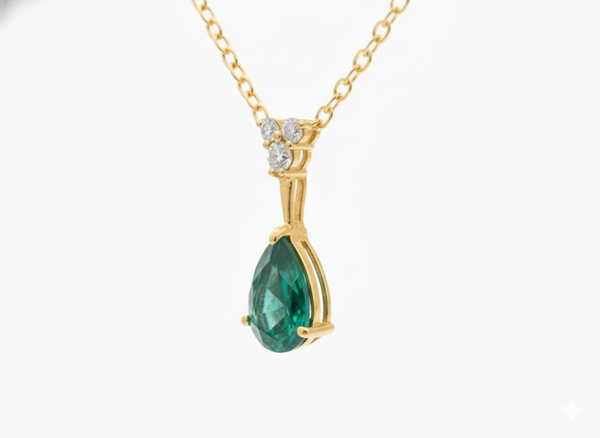 3.40 carat Luxury Pear Natural Emerald Pendant Necklace with Diamond Trio Accent