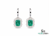 Gold Drop Earrings with Emerald cut Natural Green Stone & Sparkling Halo