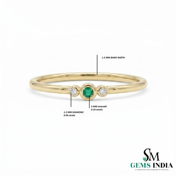 Minimalist Emerald & Diamond Trio Ring in 14K Gold - Gift For Her