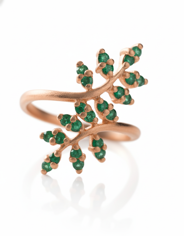 080 carats Gold Leaf Ring with Natural Green Emeralds 14k Gold Fine Jewelry