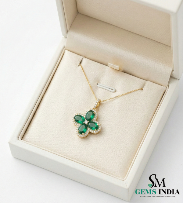 Oval Emerald Cluster Clover Pendant with Diamond Halo in Gold