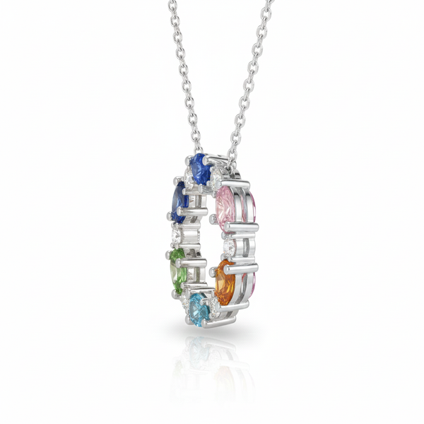 Rainbow Gemstone Circle Pendant Necklace in 18k gold Multicolor Pear Cut Stones Jewelry