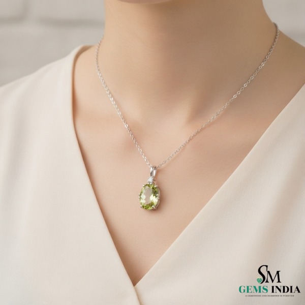 Natural Green Peridot Oval Pendant with Diamond Accent
