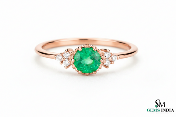 Round Natural Emerald Halo Ring with Diamond Accents – Fine Gold Jewelry