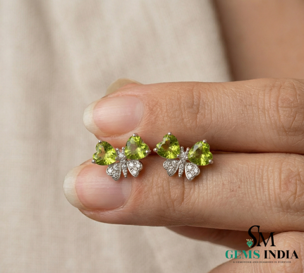 Green Peridot Heart Shape Earrings with Diamond Accent – Elegant Stud Earrings