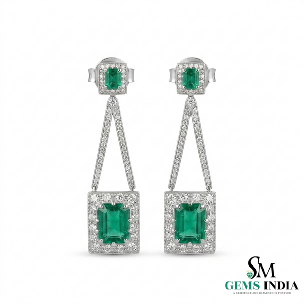Luxury Emerald cut Emerald and Diamond Dangle Earrings – 14K Gold Statement Jewelry