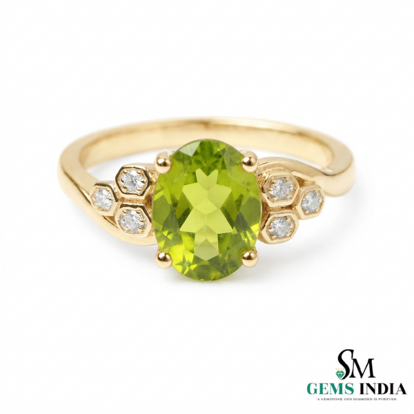 Elegant Oval Green Peridot Ring with Diamond Side Cluster