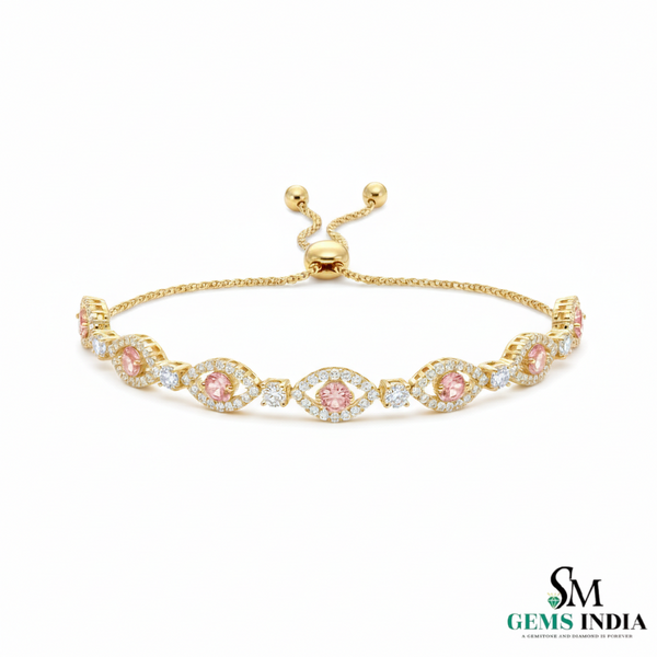 Round Cut Pink Morganite Gemstone & Diamond Adjustable Bracelet in 14K Gold