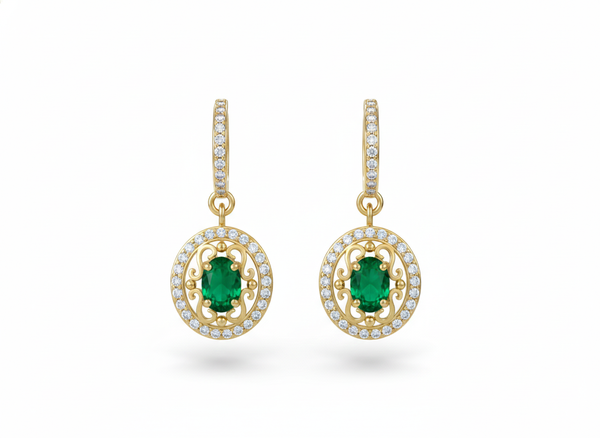 2 carat Natural Emerald Oval 14k Gold Dangle Earrings with Diamond Halo
