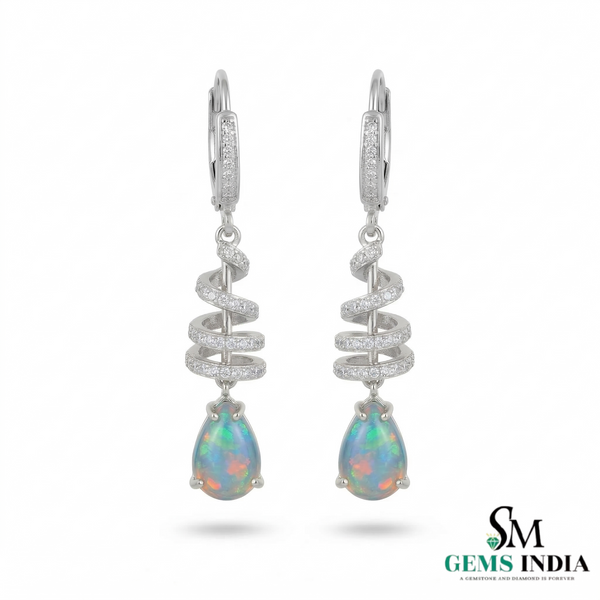 Pear Opal Drop Earrings with Diamond Spiral Design