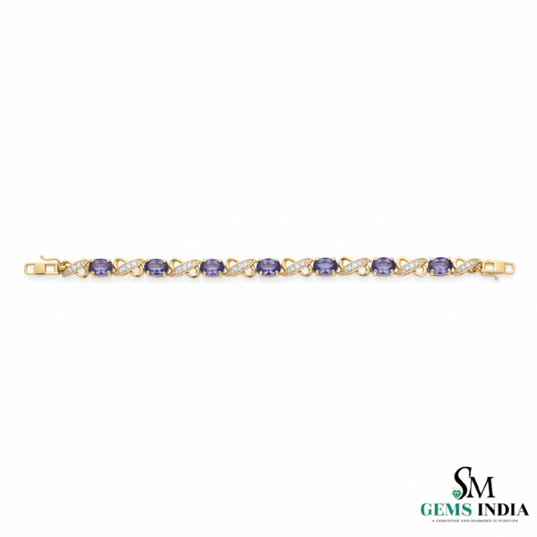 Natural Tanzanite and Diamond Link Bracelet Fine Gold Jewelry