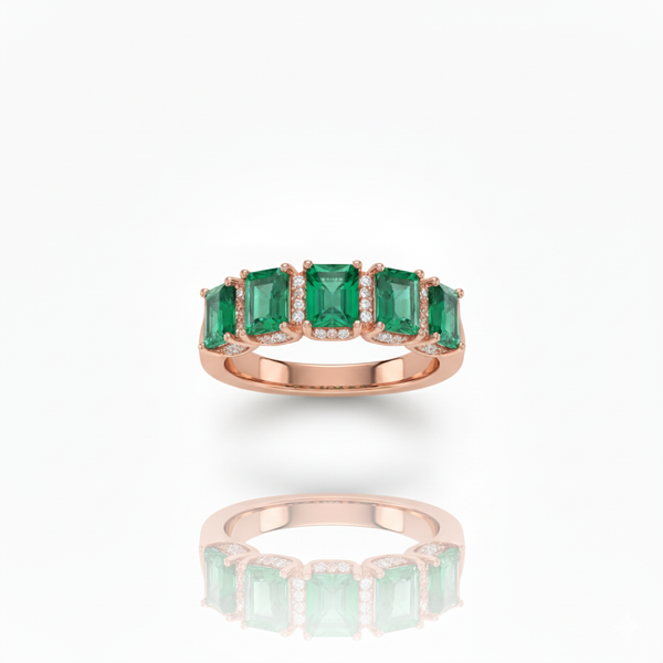 Elegant Five Emerald Cut Natural Emerald Gemstone Ring with Diamond Accents