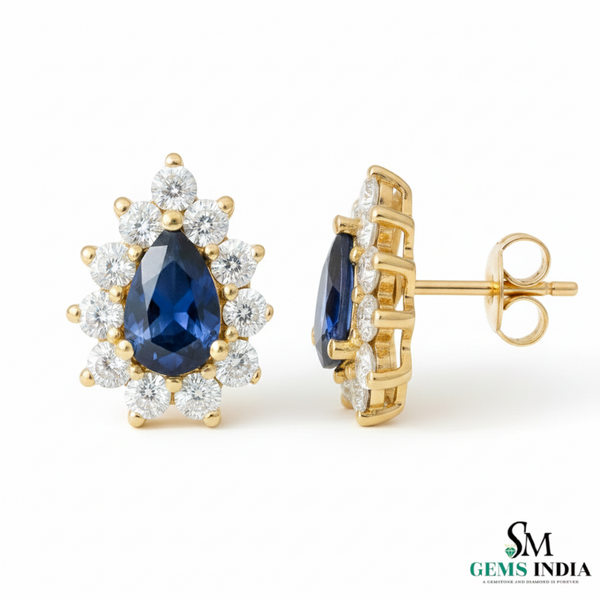 Royal Pear Blue Sapphire & Diamond Stud Earrings - Bridal Sapphire Earrings