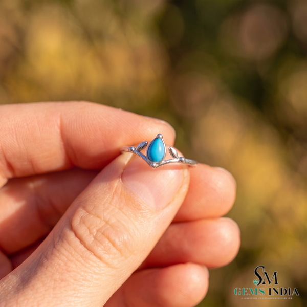 Teardrop Turquoise Ring With Leaf Accent Details – Blue Turquoise Statement Ring