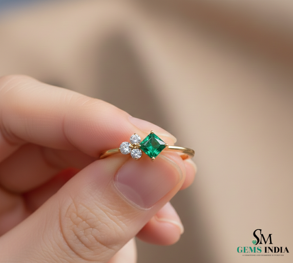 Princess Cut Green Emerald Ring with Trio Diamond Accent Cluster – Minimalist Fine Jewelry