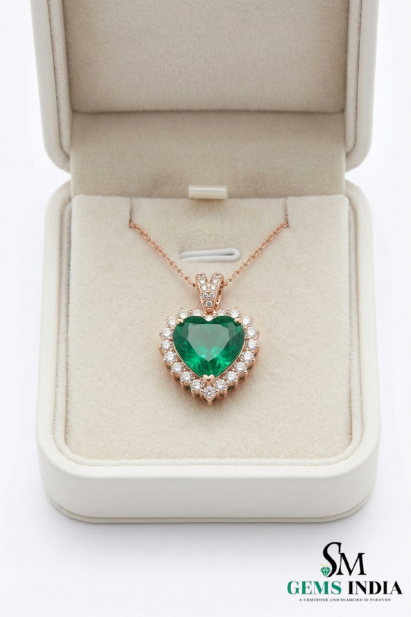 Heart Shape Emerald & Diamond Halo Pendant in Gold - Green Emerald Heart for Women