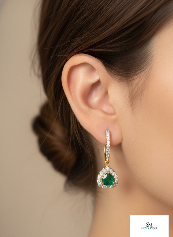 Heart shape Natural Emerald Halo Drop Earrings in 14k Gold Fine Diamond Dangles