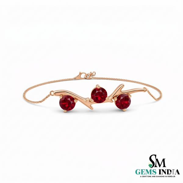 Round Three Stone Ruby Bracelet in Gold - Minimalist July Birthstone Bracelet