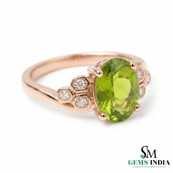 Elegant Oval Green Peridot Ring with Diamond Side Cluster